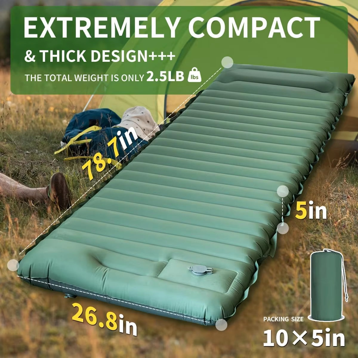 Experience Ultimate Comfort with Our Ultralight Outdoor Camping Sleeping Pad – Inflatable Mattress with Built-In Pump and Pillows for Travel and Hiking!