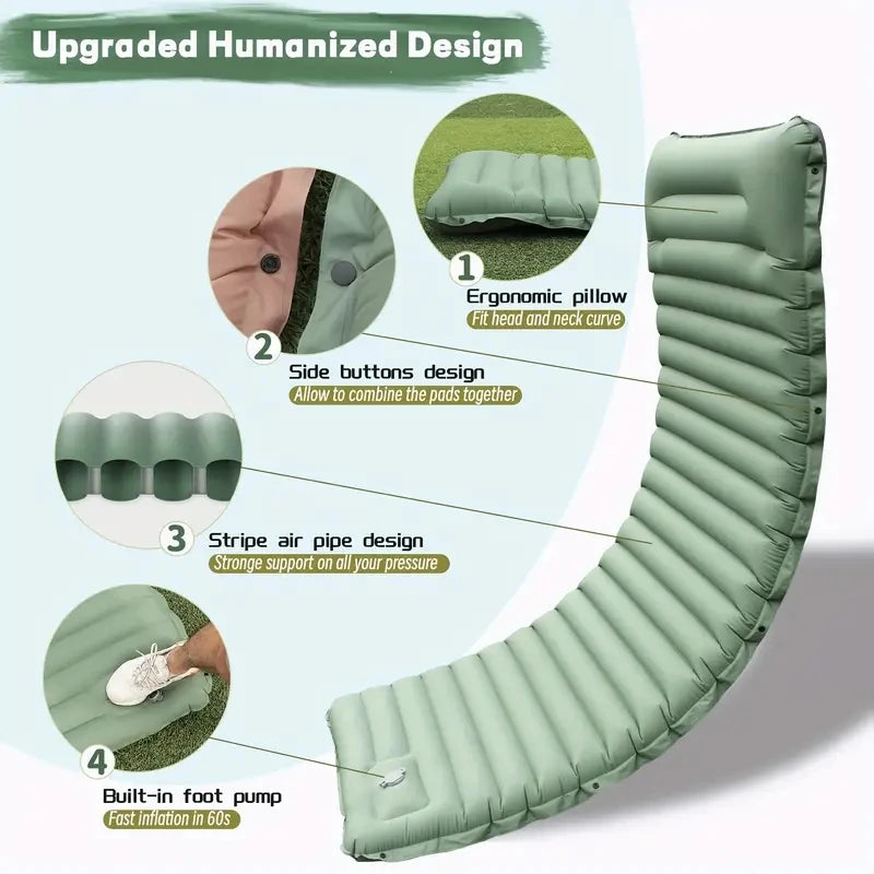 Experience Ultimate Comfort with Our Ultralight Outdoor Camping Sleeping Pad – Inflatable Mattress with Built-In Pump and Pillows for Travel and Hiking!